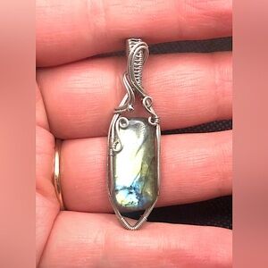 Wire Wrapped Green & Blue Labradorite Pendant Necklace Handmade OOAK